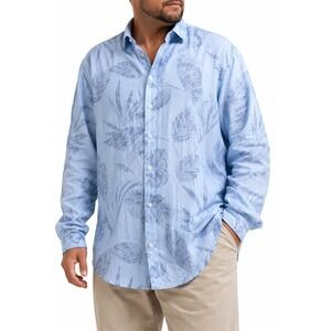Tommy Bahama Relax Shirt Men XXL Blue Linen Tropical Leaf Long Sleeve Button Up